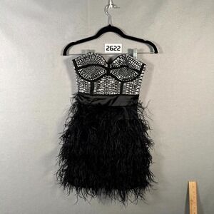 Bebe Isis Studded Feather Dress Womens XS Black Fringe Detail Sweetheart Neck